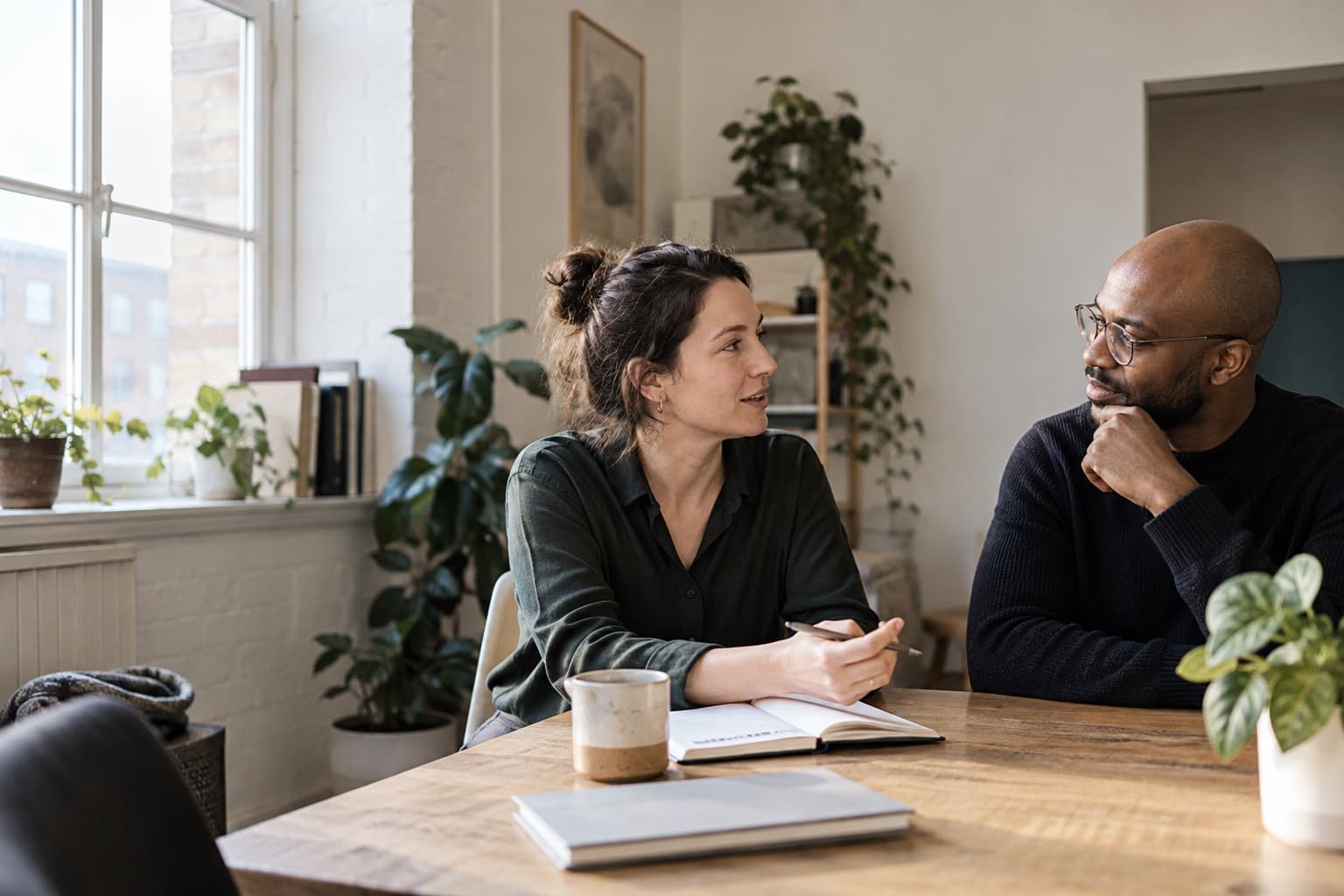 Two colleagues talking through a review in a naturally lit workspace